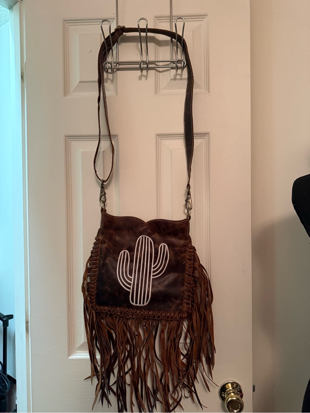 Brown Fringe Crossbody Bag with Cactus Embroidery